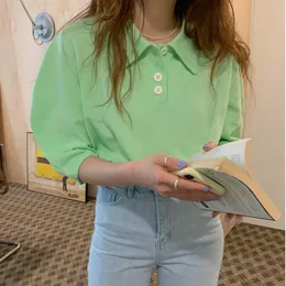 PERHAPS U Women Girls Casual Summer Short Green Solid Color Three-Button Polo-Collar Puff Sleeve T-Shirt Female Loose Tops B3073 210529