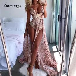 Ziamonga sommar nattklubb Mesh Se genom lång klänning Kvinnor Sexig Club Sequin Tail Dress Prom Birthday Celebrity Party Dresses