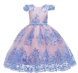 Sommar baby flicka öppen tillbaka personlig båge klänning bubbla ärm broderi spets prinsessa klänning 1-5-årig baby girl party dres g1129