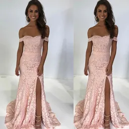 Sexy Dusty Pink Mermaid Prom Dresses Full Lace Off Shoulder High Side Split Evening Gowns Long Formal Party Wear Prom Dress Formal Dress