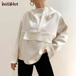 Instahot Moda Kobiety Bluzy Oversize Asymetryczne Hem Solidna Czarna Biała Jesień Bluza Luźna Streetwear Pullover Topy Y1118