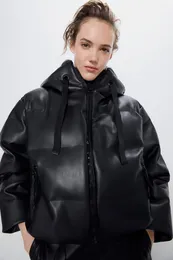 Neue Womens Winter European Fashion Kapuze Casual PU Leder Down Cotton Padded Short Parka Coat Casacos XSSML