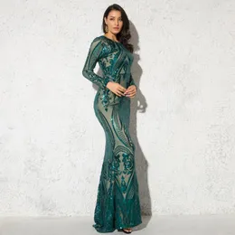 Casual Dresses Autumn Sequined Maxi Dress Full Sleeved O Neck Stretch Eimpire Ball Gown Evening Party Green Burgundy Zipper