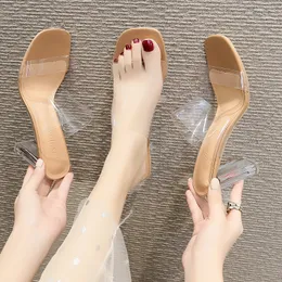 Hot Sell Clear Heels Tofflor Kvinnor Sandaler Sommarskor Kvinna Transparent PVC High Pumps Bröllop Jelly Buty Damskie High Heels