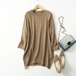 Damen-Pulloverkleid aus 85 % Seide und 15 % Kaschmir mit Rundhalsausschnitt, lang, lockerer Pullover-Stil, LY001 211103