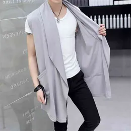 Men fashion long vest sleeveless jacket cardigan men nightclub singer stage costume korean casual cloak colete masculino 210925