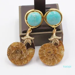 Dangle & Chandelier Jewelry Natural Conch CZ Pave Starfish Gold Color Plated Blue Round Turquoises Stud Earrings Handmade Fo
