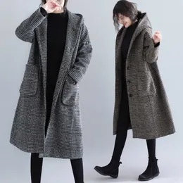 Autumn Winter Plaid Woolen Coat Women Plus Size Fashion Vintage Loose Single-breasted Hooded Long Outerwear Female M165 210924