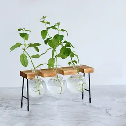 Wazony szklane wazon hydroponiczny roślina drewniana rama kawiarnia wystrój terrarium rośliny domowa bonsai dekoracja stacja propagacji