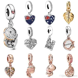 Oryginalne S925 Sterling Silver Fit Pandora Wisiorek National Flag Bead Love Heart Blue Turkusowy Kryszta Charm Dla Bransoletka DIY Koraliki Charms