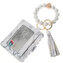 Leather Bracelet Wallet Keychain Tassels Bangle Key Ring Holder Card Bag Silicone Beaded Wristlet Keychains WHT0228