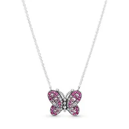 925 Sterling Silver Pave Pink Zircon Stone Butterfly Pendant Insect Färgglada Crystal Collier Necklace Fit Pand Smycken för Kvinnor