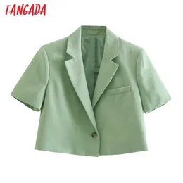 Tangada Femmes Vert Blazer Manteau À Manches Courtes Col Encoché Poche Mode Femme Casual Chic Tops JE59 210609