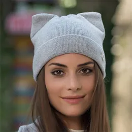 Oshoplive Autumn Winter Wool Knitted Hat Women Outdoor Versatile Warm Cat Ear Casual Simple Soft Wear Fashion Beanie 211119