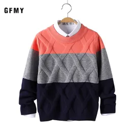 GFMY Herbst Winter Mode O-Kragen Dreifarbige Nähte Pullover für Jungen Warme Wolle 5-14 Jahre Mantel Kinder Pullover 210308