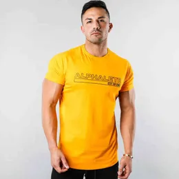 Yellow Cotton Casual Skinny tshirt Men Fitness Short sleeve T-shirt Male Bodybuilding Sport Tee Tops Summer Gym Workout Clothing G1222