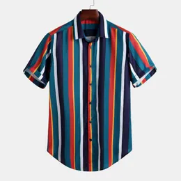 Mens Casual Shirts 2021 Shirt Tees Short Sleeve Striped Stand Collar Fashion Hawaiian Tops Summer Streetwear M-3XL Drop