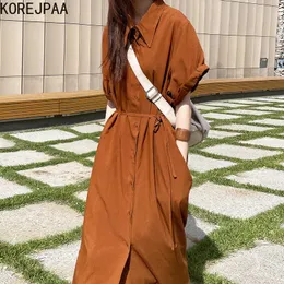 Korejpaa Women Dress Summer Korean Lazy Temperament Lapel Single-Breasted Loose Casual Pocket Over-The-Knee Shirt Vestidos 210526