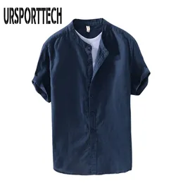 URSPORTTECH Summer Vintage Mens Shirt Cotton Linen Loose Casual Solid Short Sleeve Button Tops Harajuku Brand Blouse 210809