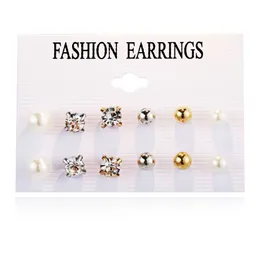 Womens Earrings Hoop Dangle Stud gold silver plated New set of Zircon Earring with 6 pairs creative simple Pearl Ball