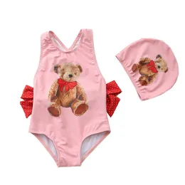 Toddler Girls Bear Swimsuit with Lovely Bows Ins Fashion Kids Cross Back Bathing Suit Summer Ouffit Water Park 210529