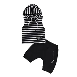 Nyfödda baby boys tjejer kläder set hooded tröja toppar randiga byxor ärmlös hoodie spädbarn nyfödd baby kläder set 210309