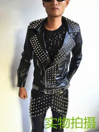 Hot Punk rock band DJ men's singer costume non mainstream Chic Full Rivet Leather Men singer costumes jacket Guitar Show P0813