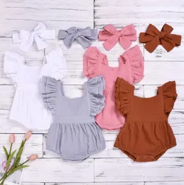 Sommar Baby Girl Clothes Flying Sleeve Girls Romper Headband 2st Sats Bomull Barn Jumpsuits Ins Nyfödda Baby Boutique Kläder DW6427