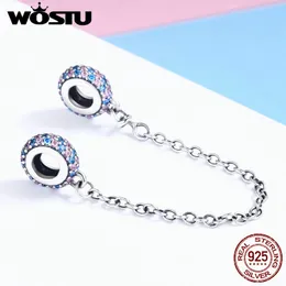 WOSTU Hot 925 Sterling Silver Pave Inspiration Safety Chain Charm Pink Blue CZ Fit Original Beads Bracciale Gioielli Regalo FIC379 Q0531