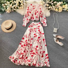 Strandstil Koreansk Lace Up V Neck Puff Långärmad Chiffon Blus Kort Slim Ruffles Floral Split Kjolar Fashion 2piece Sets 210610