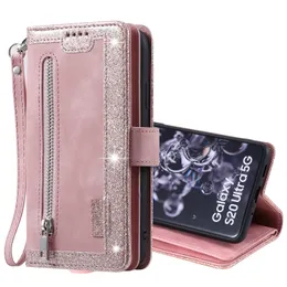 Retro PU -lädertelefonfodral för Samsung Galaxy S24 S23 S22 S21 S20 Note20 Ultra Note10 Plus Multifunction Zipper Wallet Flip Stand Cover Case Coin Purse 9 Card Slots
