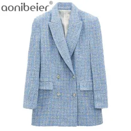 Aonibeier Spring Autumn Official Suit Sequin Double Row Button V-Neck Jacket Long Sleeve Pocket Blue Women's Suits Blazer 210930