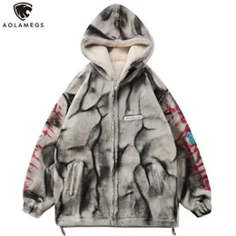 AOLAMEGS Gotik Punk Graffiti Kalınlaşmak Fermuar Ceket Kış Ceket Erkekler Gevşek Rahat Yüksek Sokak Tarzı Polar Hoodie Streetwear 211126