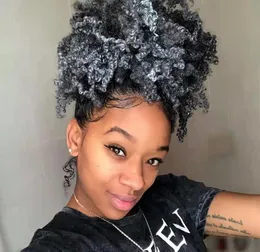 100% real hair grey puff afro ponytail hair extension Natural ombre afro kinky curly drawstring ponytails black silver gray hair piece 120g
