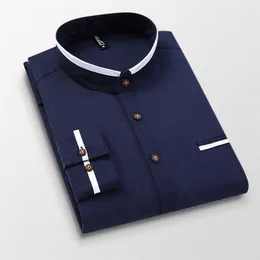 Mężczyźni Koszula Z Długim Rękawem Stand Oxford Business Dress Casual Shirts Slim Fit Fit Brand Weeding Koszula Biały Niebieski Mężczyzna Koszula 5XL DS414 210708