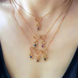 Charm Love Son Daughter Necklace Multicolor Cubic Zirconia Family Girl Boy Heart Pendant Rose Gold Chain Mother Gifts 210721