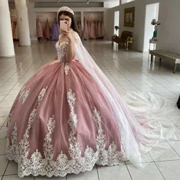 Damm rosa boll klänning quinceanera klänningar med wrap spets applikationer prom klänningar golv längd puffy söt 15 maskerad klänning