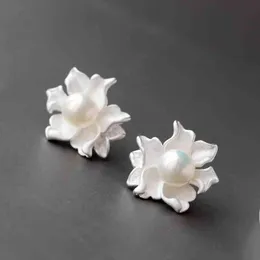 S925 Sterling Silver Stud Fashion Large Petal Inlaid Natural Freshwater Pearl Earrings Women's Jewelry