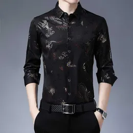 Klänning tröjor män slim passform kinesisk drake print silke skjorta vår långärmad casual camisa masculina c725 210721