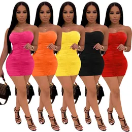 Summer Women Bodycon Dress Fashion Candy Color Wrinkle Sexy Bra Bag Hip Slim One Shoulder Dresses Party Clubwear Plus Size