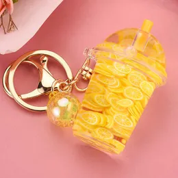 2021 New Fashion Liquid Quicksand Keychain Cartoon Watermelon Pitaya Fruit Keyring for Women Men Flower Acrylic Key Chains Gift G1019