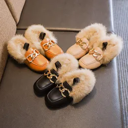 Flat Shoes Autumn Winter Girls Warm Cotton Plush Fluffy Fur Kids Loafers With Metal Chain Boys Flats Children Mary Jane Toddler