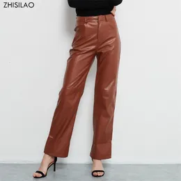 ZHISILAO Elegant PU Leather High Waist Pant Autumn Office Lady Black Straight Female Streetwear 220211