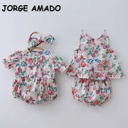 Summer Baby Girl Sets Daisy Puff Sleeves Body + Vest Short Headwear Sister Matches Abbigliamento Sweet Style E7666 210610