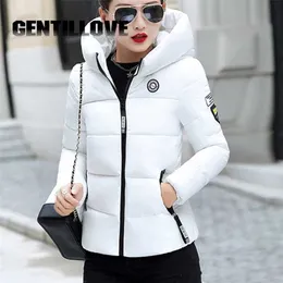 Gentillove Kış Parkas Kadın Ceket Ceket Kapşonlu Kalın Sıcak Kısa Kabanlar Kadın Ince Pamuk Yastıklı Temel Dış Giyim Tops 211221