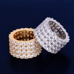 Cztery rzędy Solitaire Męskie Pierścień Miedź Charm Gold Silver Color Cubic Cyrkon Lukrowy Ring Moda Biżuteria Hip Hop