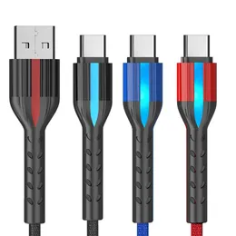 3A Quick Charge LED Type c Micro Braided USb Cables 1m 3ft Alloy Fabric Cable For Samsung s10 s20 s21 note 21 htc android phone pc