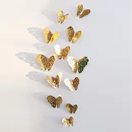 Naklejki ścienne 12 sztuk / partia 3d Metal Golden Buterfly Hollow Out Design Butterfly Dekoracja Domowy Salon Magnes Lodówka