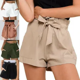 Mode kvinnor shorts hög midja papperspåse slips bälte shorts damer sommar shorts storlek 6-14 210611