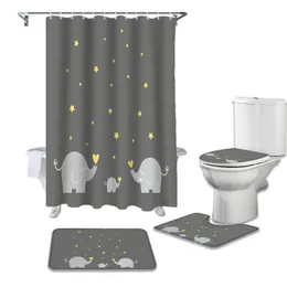 Душевые занавески Cartoon Stars Семейные припечатки Слонов и коврики для ванны, установленные современным для ванной комнаты домашний декор